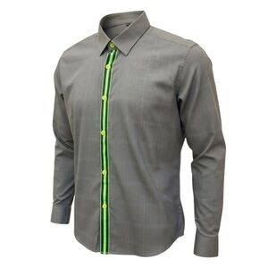 💨 Jared Lang Men’s Large Gray Button-Up‎ Shirt – Neon Pop Detailing 🌿